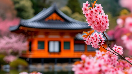 Cherry Blossoms Bloom Near Japanese Temple