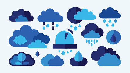 Blue Cloud Icon Set with Rain and Weather Symbols on Transparent Background