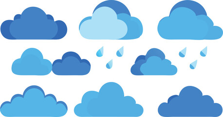 Blue Cloud Icon Set with Rain and Weather Symbols on Transparent Background