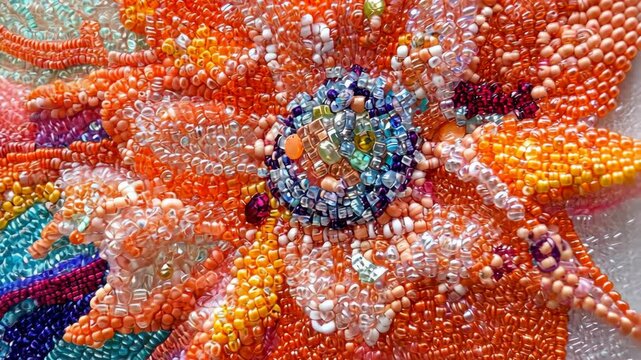 Vibrant beadwork showcasing a flower design with bright colors and intricate patterns in a detailed textile art piece