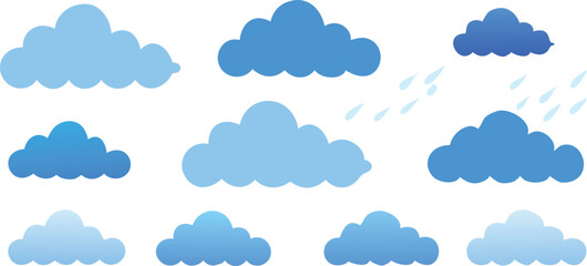Blue Cloud Icon Set with Rain and Weather Symbols on Transparent Background