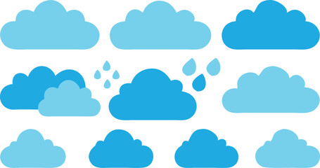 Blue Cloud Icon Set with Rain and Weather Symbols on Transparent Background