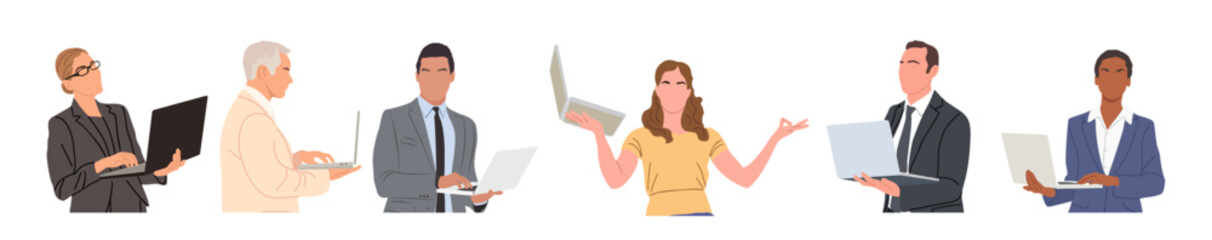 Business people working at laptop. Different men and women wearing smart casual and formal office outfits standing, walking with computer. Realistic vector illustrations isolated
