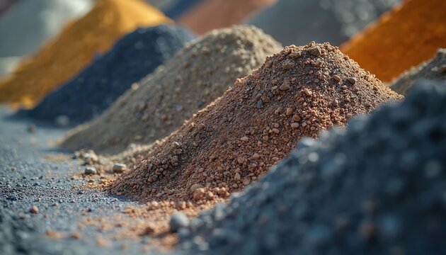 Stacks of processed rare earth elements in various colors. Concept sustainable resources, mining techniques, elemental materials. Sand and gravel texture mineral background.