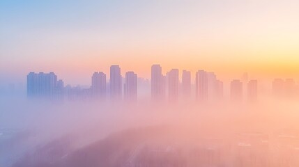 Fototapeta premium Futuristic metropolis heavily enveloped in smog and fine dust with silhouettes of skyscrapers barely emerging from the toxic haze bathed in the warm yet unsettling orange light of sunrise