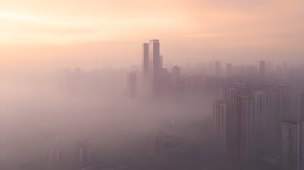 Fototapeta premium Dystopian urban skyline of skyscrapers and high rise buildings shrouded in thick pollution with a dramatic orange sunrise illuminating the hazy smog filled atmosphere