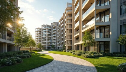 New modern flats in green area. Residential apartment buildings exterior. Luxury house complex with lawn. City real estate property, condo architecture. Apartment insurance concept.