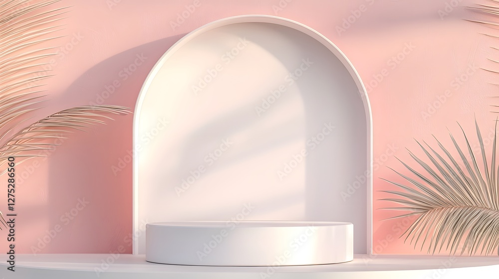 Poster contemporary abstract setting featuring a gracefully curved geometric arch and a minimalist round po