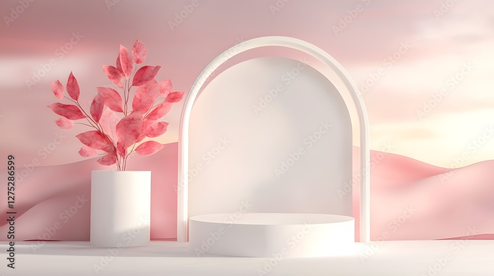 Poster A modern minimalist abstract scene featuring a sleek geometric arch and a smooth podium in soft pink and white tones illuminated by gentle natural light creating a serene and elegant atmosphere