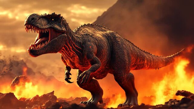 Dinosaurs perished in volcanic eruption during the dramatic end of the Cretaceous period, dinosaurs extinct because mountains erupted due to lava or magma video in stock quality