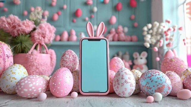 Vibrant easter display with pastel decor, blooming flowers, and bunny ears smartphone