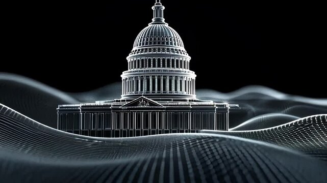 Futuristic depiction of the Capitol building in a digital wave landscape.