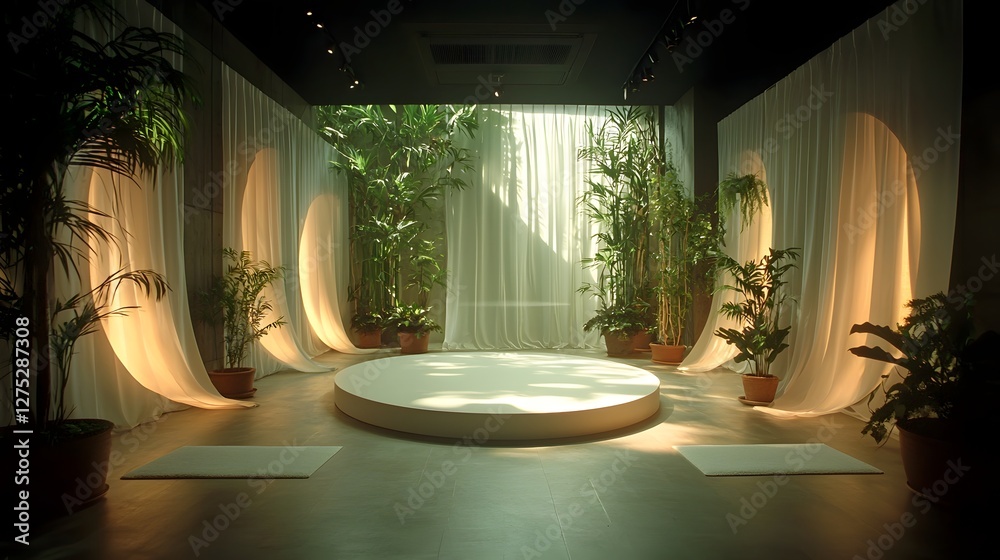 Aufkleber beautifully arranged minimalist product showcase setting with a pristine white circular podium softl
