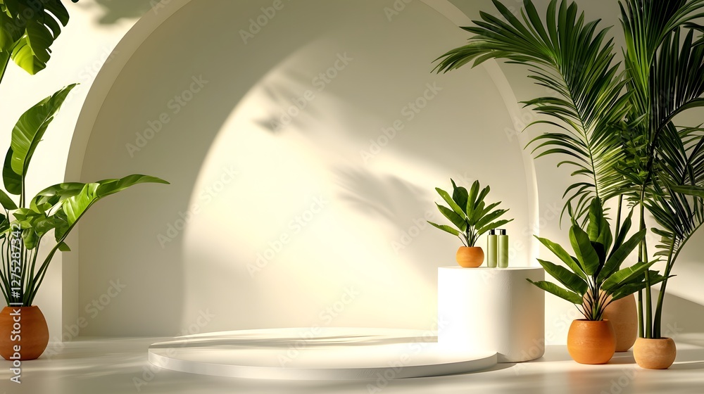 Poster beautifully arranged minimalist product showcase setting with a pristine white circular podium softl