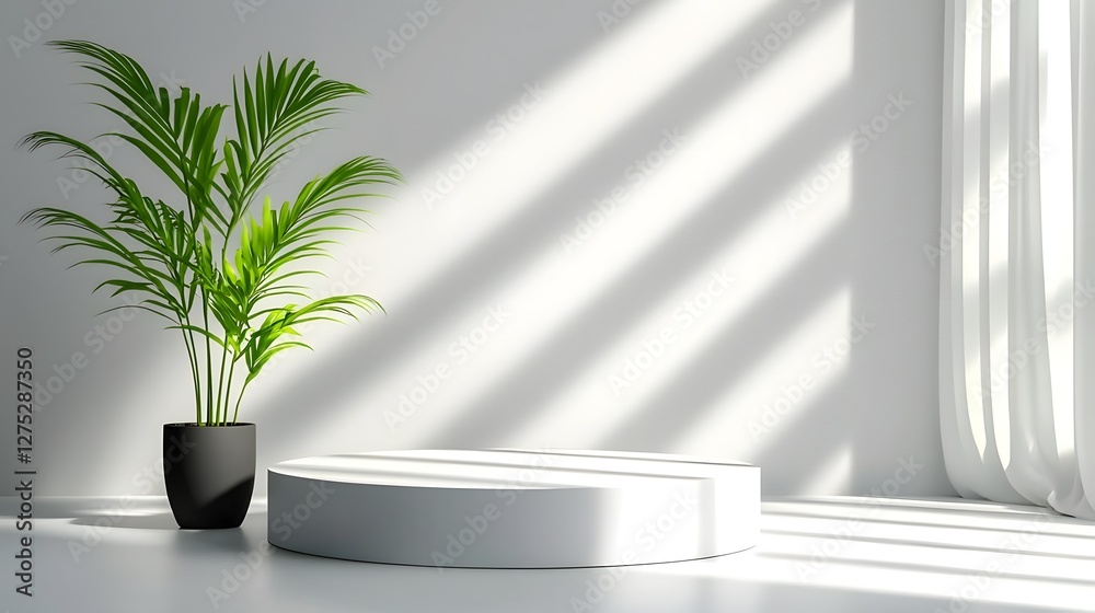 Poster beautifully arranged minimalist product showcase setting with a pristine white circular podium softl