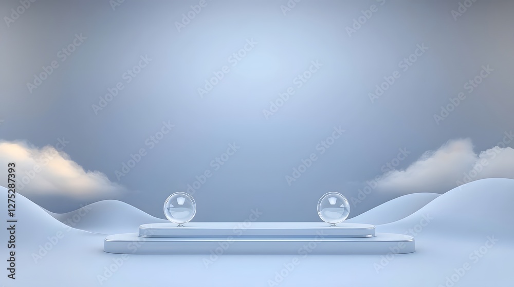 Poster Futuristic minimalist setting showcasing glossy glass like orbs resting on a refined multi level platform against a deep blue atmospheric background with soft glowing highlights