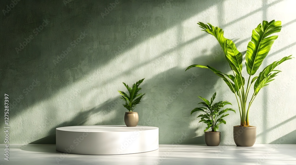 Poster beautifully arranged minimalist product showcase setting with a pristine white circular podium softl