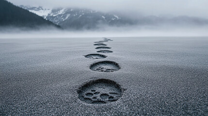 Frozen Footprints on a Misty Mountain Lake