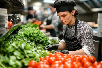 Obraz premium A chef prepares fresh vegetables in a bustling kitchen, focusing on quality ingredients like tomatoes and greens for a delicious meal.