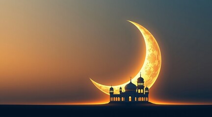 Mosque Moon Evening Background. Ramadan, Eid, spiritual themes, website banners, and tranquil design projects. Celestial, ornate, and mystical.