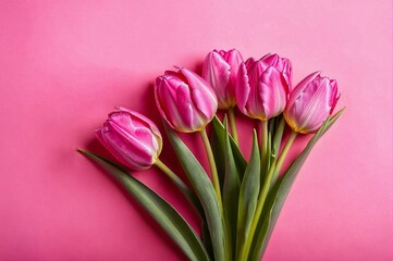 Obraz premium Three pink tulips are arranged in a row on a pink background