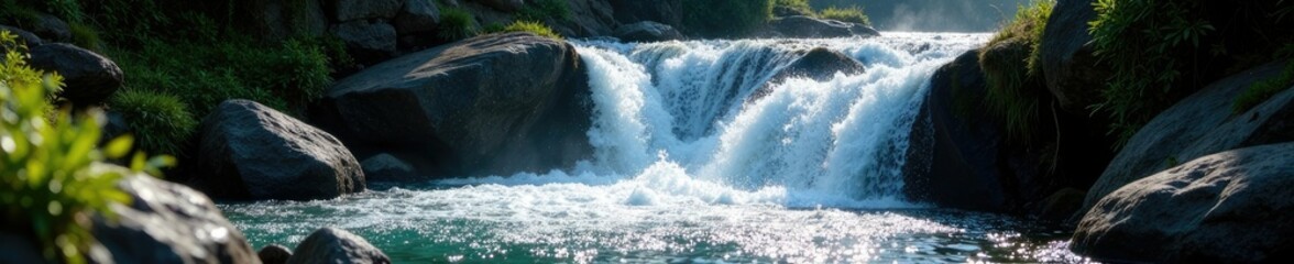 Fototapeta premium Sparkling water cascades down the rocky slope, nature, rocky slope, waterfall