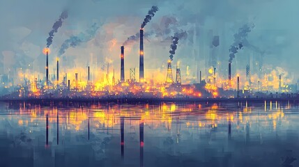 Obraz premium Hauntingly beautiful abstract industrial landscape with towering smokestacks dominating the skyline their forms mirrored in a serene water surface and bathed in an atmospheric blend of surreal colors