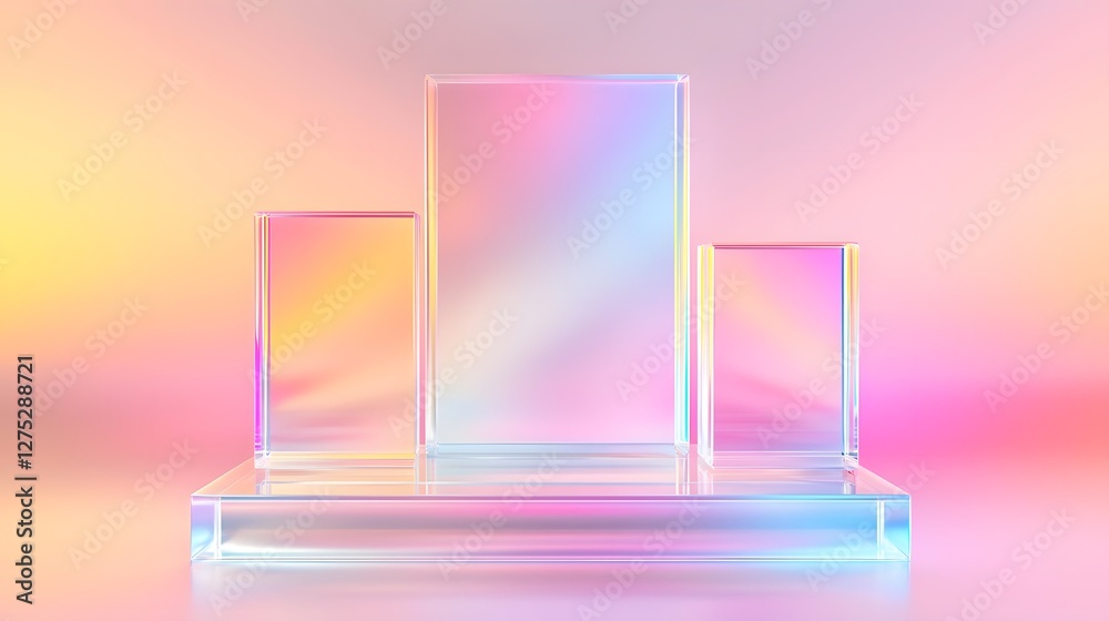 Poster a dreamy and surreal stage setting featuring three transparent glass rectangular podiums elegantly a