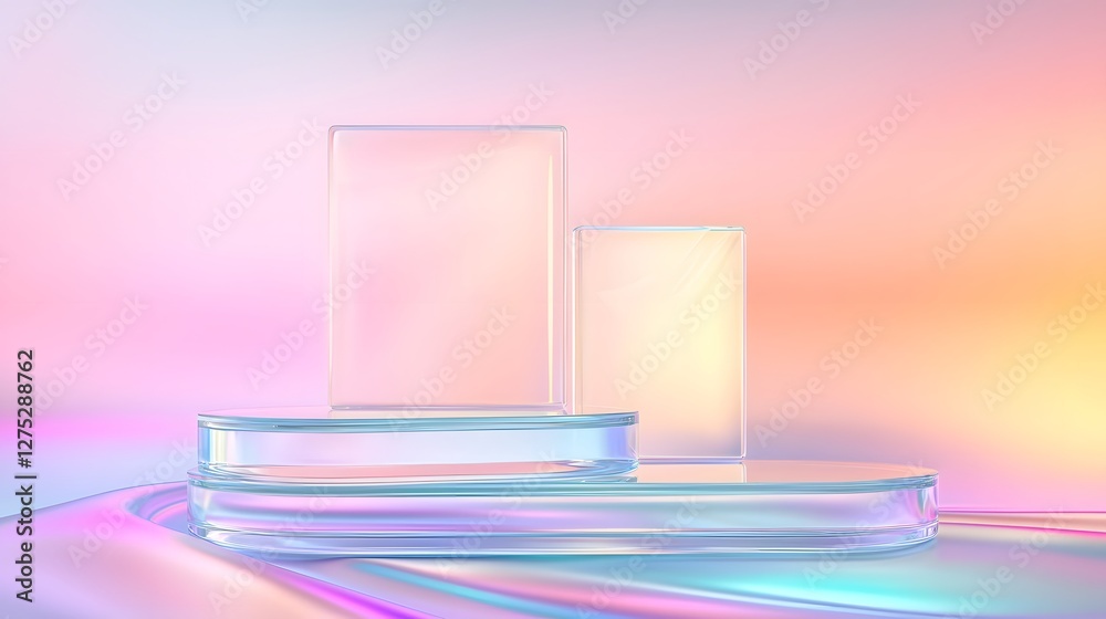 Leinwandbilder Mesmerizing abstract composition featuring an empty showcase stage with three sleek glass podiums floating in a pastel iridescent environment