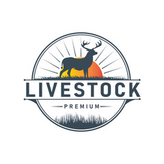 Vintage Style Logo Featuring a Deer Silhouette Standing in the Grass with a Warm Sunset Background. Suitable for Farming, Organic Meat Products Business