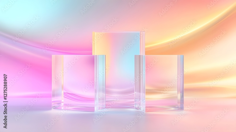Poster an ethereal and modern surreal display with three crystal clear glass podiums set against a fluid pa