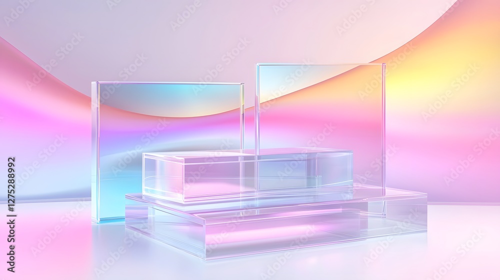 Poster visually captivating abstract dreamscape with three floating clear glass podiums standing gracefully