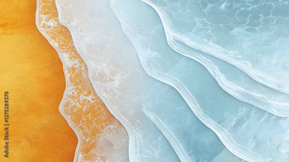 Poster Mesmerizing top down view of an abstract beachscape where vivid orange shorelines and crystal blue waves intertwine creating a unique and interplay of colors and textures