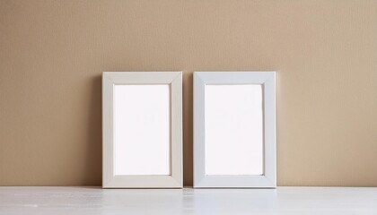 Elegant White Frame Duo Stands Proud Against a Neutral Warm Backdrop, Showcasing Minimalist Artwork with an Air of Luxury and Sophistication