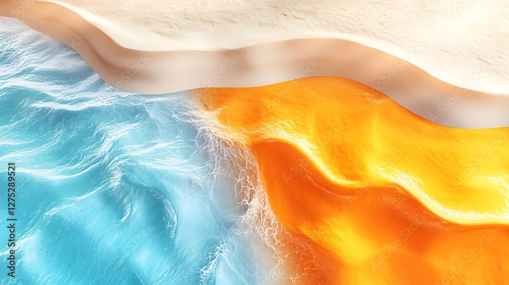 Poster a fluid and interpretation of a beach scene where glowing orange sands flow into the cool blue water