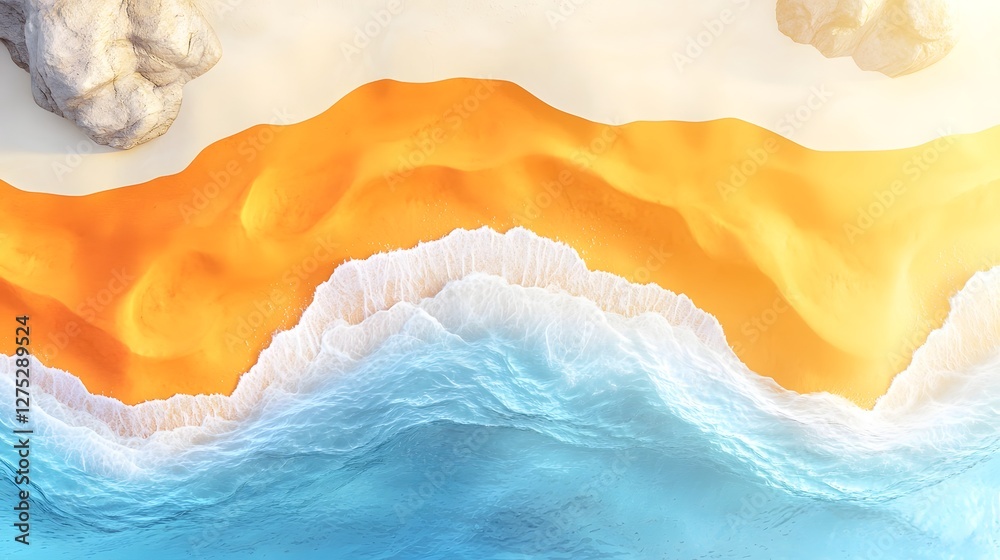 Poster A fluid and interpretation of a beach scene where glowing orange sands flow into the cool blue waters of the ocean forming organic wave like designs in a soft and painterly aesthetic