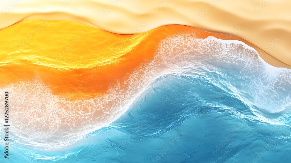 Poster Breathtaking abstract landscape showcasing the seamless blend of golden sands and azure waters creating a visually captivating and serene shoreline with natural flowing patterns and curves