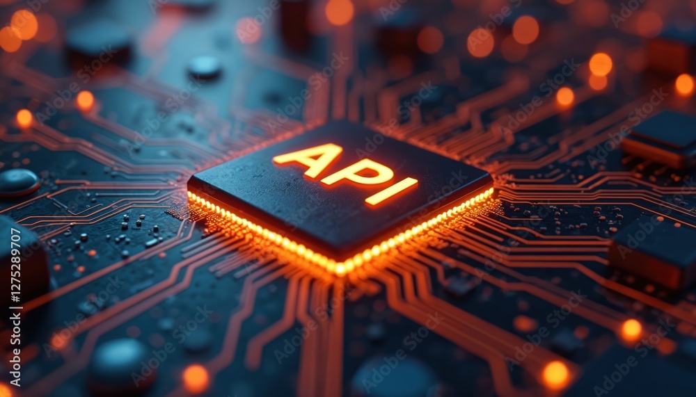 Poster futuristic api integration concept. digital circuit board background with glowing connections. softw