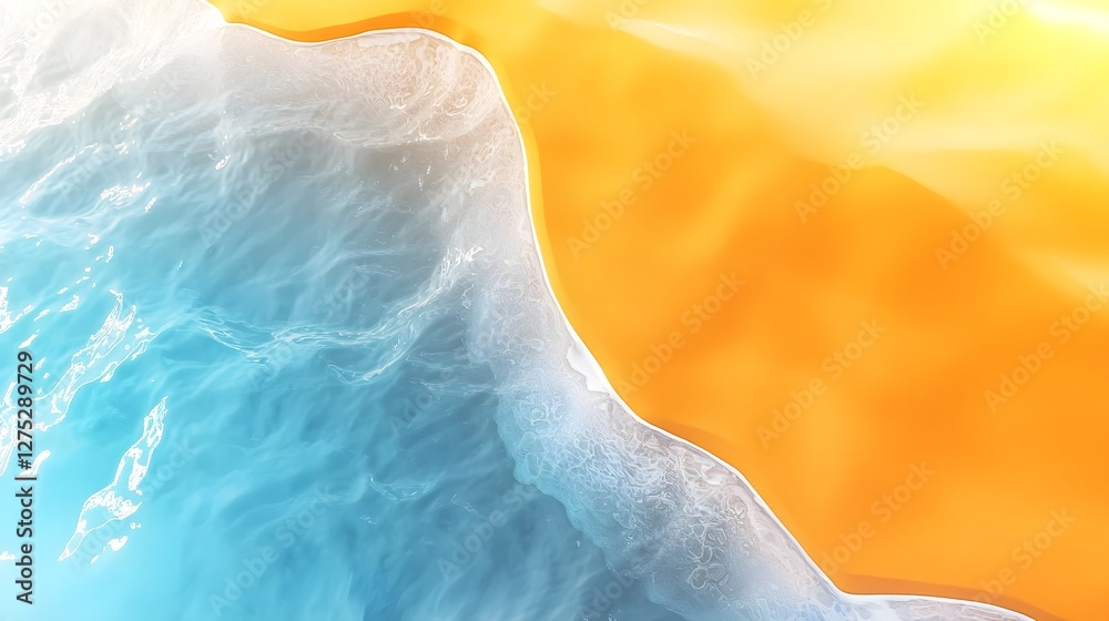 Poster Mesmerizing abstract aerial view of a beach where warm orange sand seamlessly blends into the cool blue ocean forming intricate natural patterns and fluid shapes