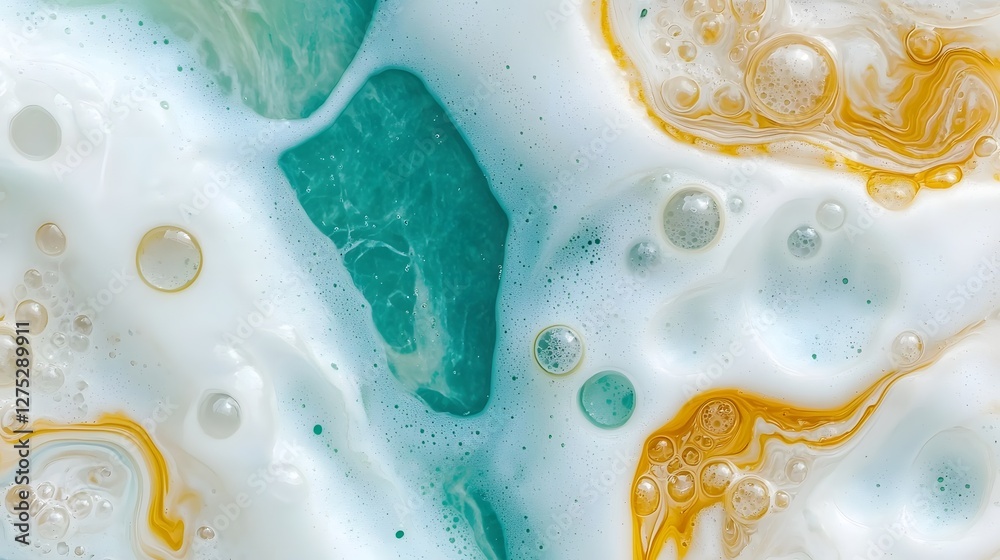 Poster Mesmerizing Dreamy Abstract Art Composition with Vintage Tones and Ethereal Bubbles  Delicate creamy bubbles swirl into fluid ethereal pigments creating a nostalgic and surreal visual experience