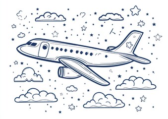 Airplane night flight stars clouds travel illustration