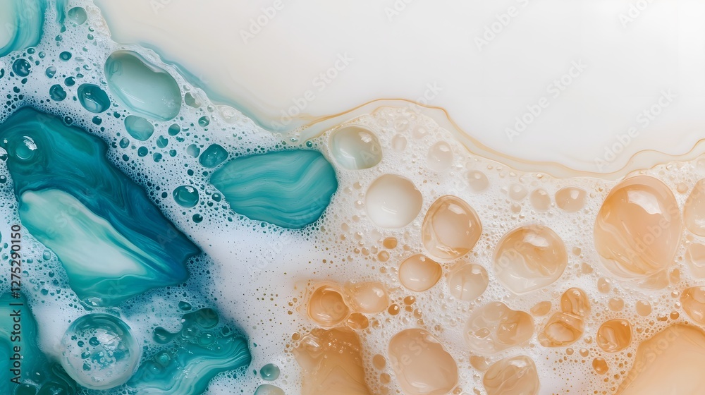 Poster Stunning and mesmerizing abstract artwork featuring a blend of retro inspired pigments floating bubbles and delicate textures creating a captivating fusion of fluid movement and timeless aesthetics