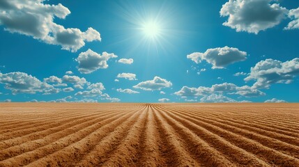 Fototapeta premium Bright Sun Over Rows of Brown Soil in a Clear Blue Sky Landscape