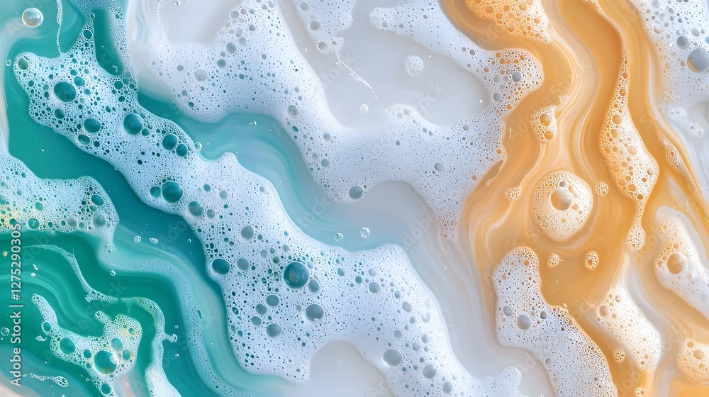 Poster Surreal and hypnotic abstract scene with a fusion of warm vintage tones soft glowing bubbles and flowing pigments capturing the essence of nostalgia and fluidity
