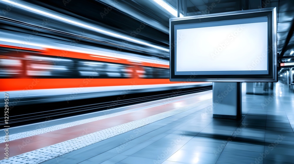 Fototapete a fast paced subway environment where a high speed train speeds by leaving a trail of motion blur an