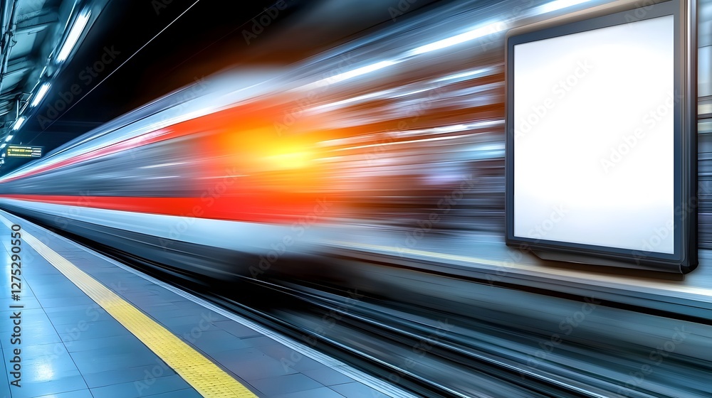 Poster High speed subway train rushing through a station platform creating a stunning abstract motion blur effect with an empty illuminated advertising space on the wall