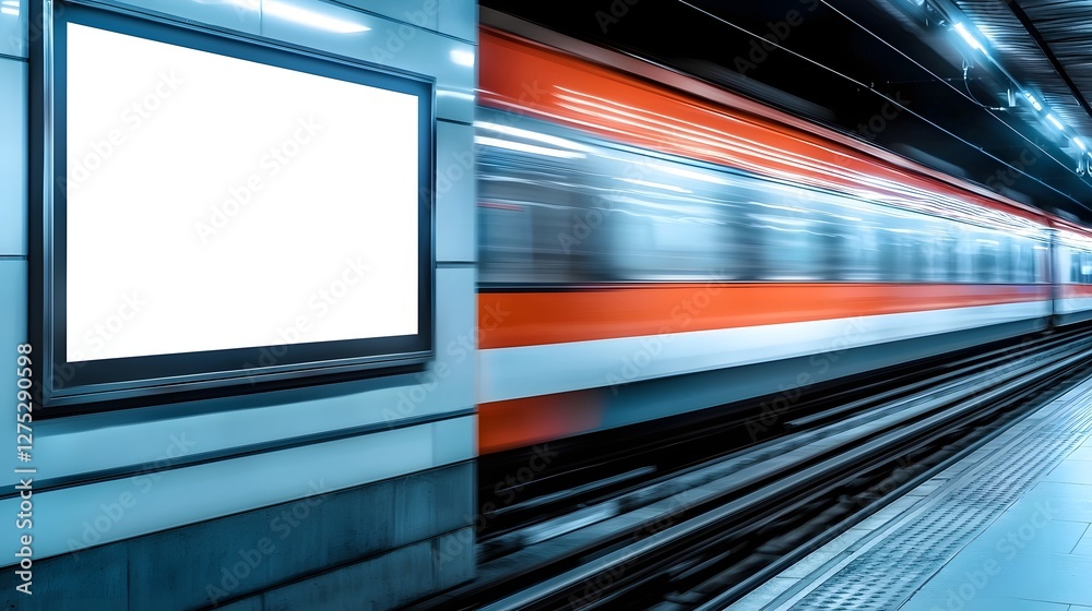 Poster Captivating image showcasing a dynamic underground metro station with a fast moving train captured in motion blur creating streaks of light trailing behind