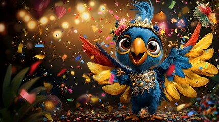 Obraz premium Vibrant and energetic blue parrot caught its wings spread wide and confetti bursting in the air surrounded by a festive scene of colorful party lights and that enhance the lively and joyful mood