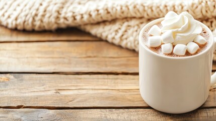 Cozy Hot Chocolate with Marshmallows on a Wooden Table