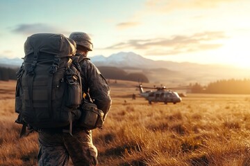 Military personnel watches helicopter land at sunset in mountainous terrain